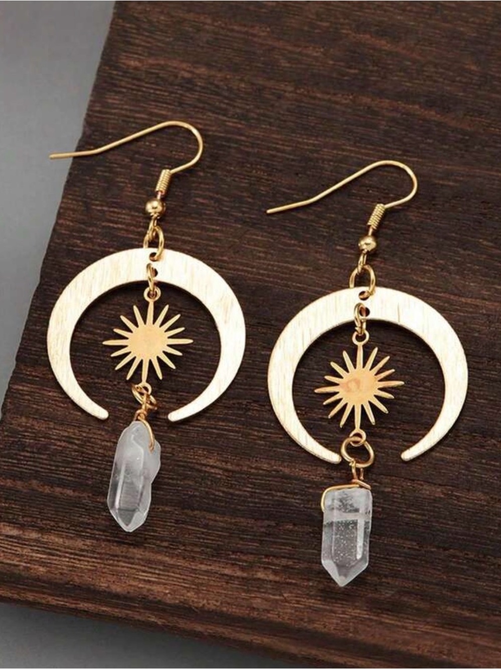 Gold Crescent Moon & Starburst Crystal Drop Earrings for Women